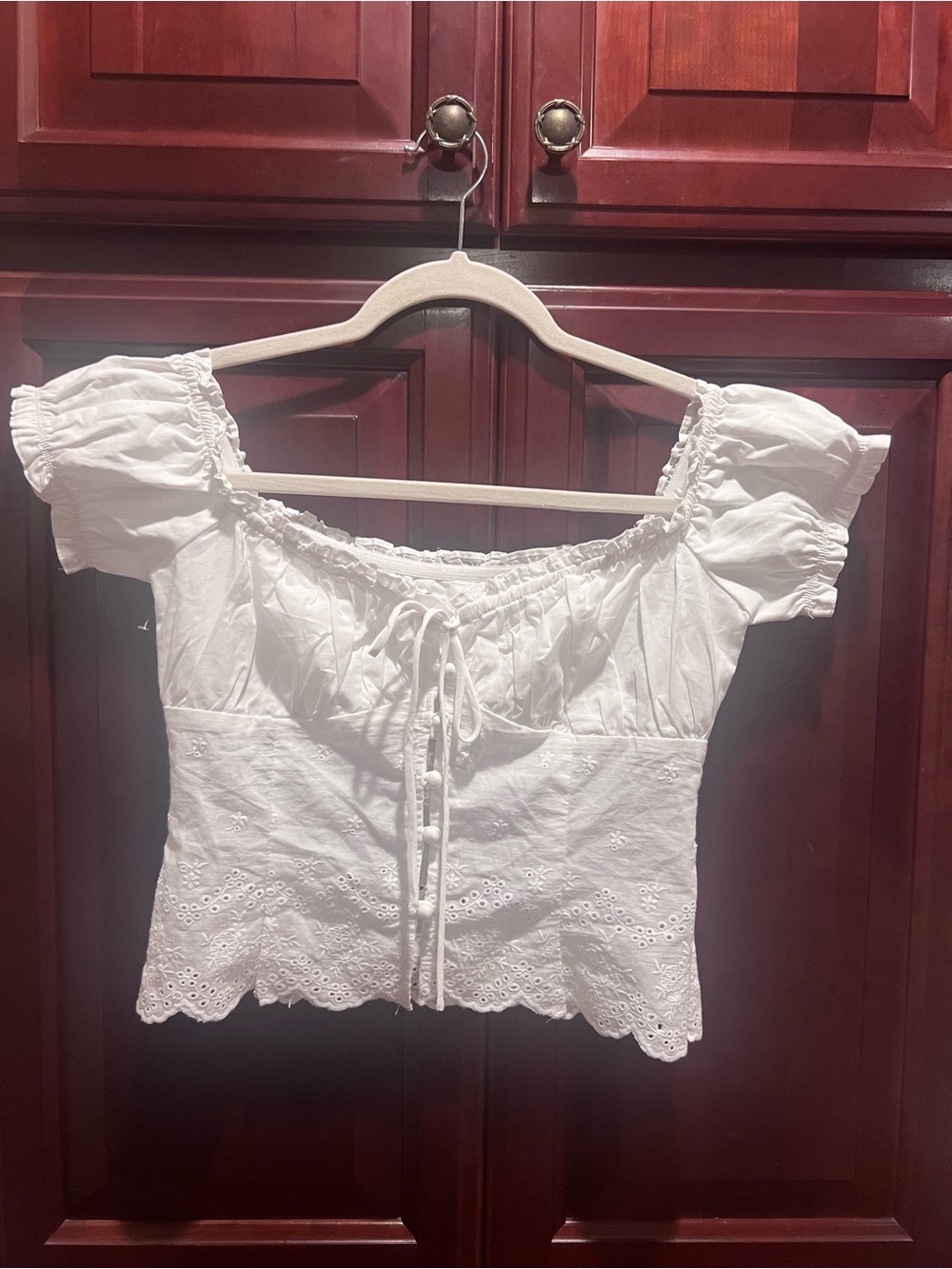 Princess Polly White Eyelet Peasant Top with Puff Sleeves